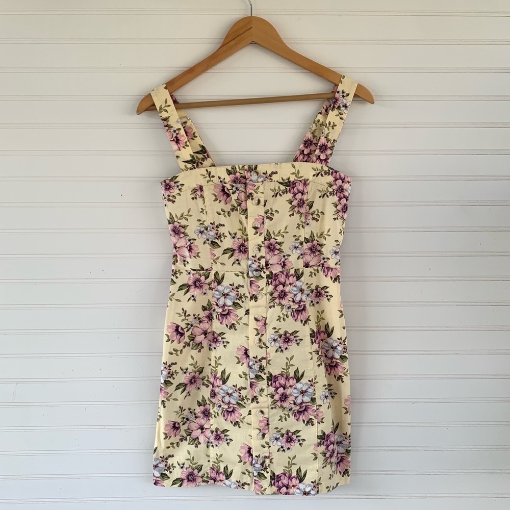 Forever 21 Yellow Purple Floral Overall Style Button Dress Size M